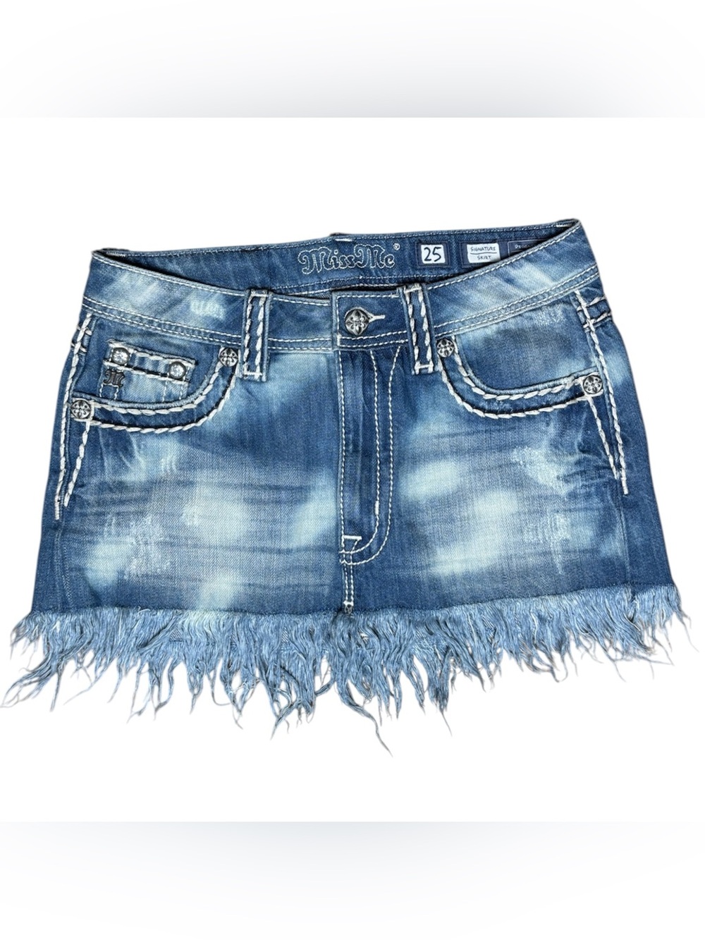 Miss Me Signature Denim Mini Skirt Thick Contrast Stitch Fringe Frayed Hem
